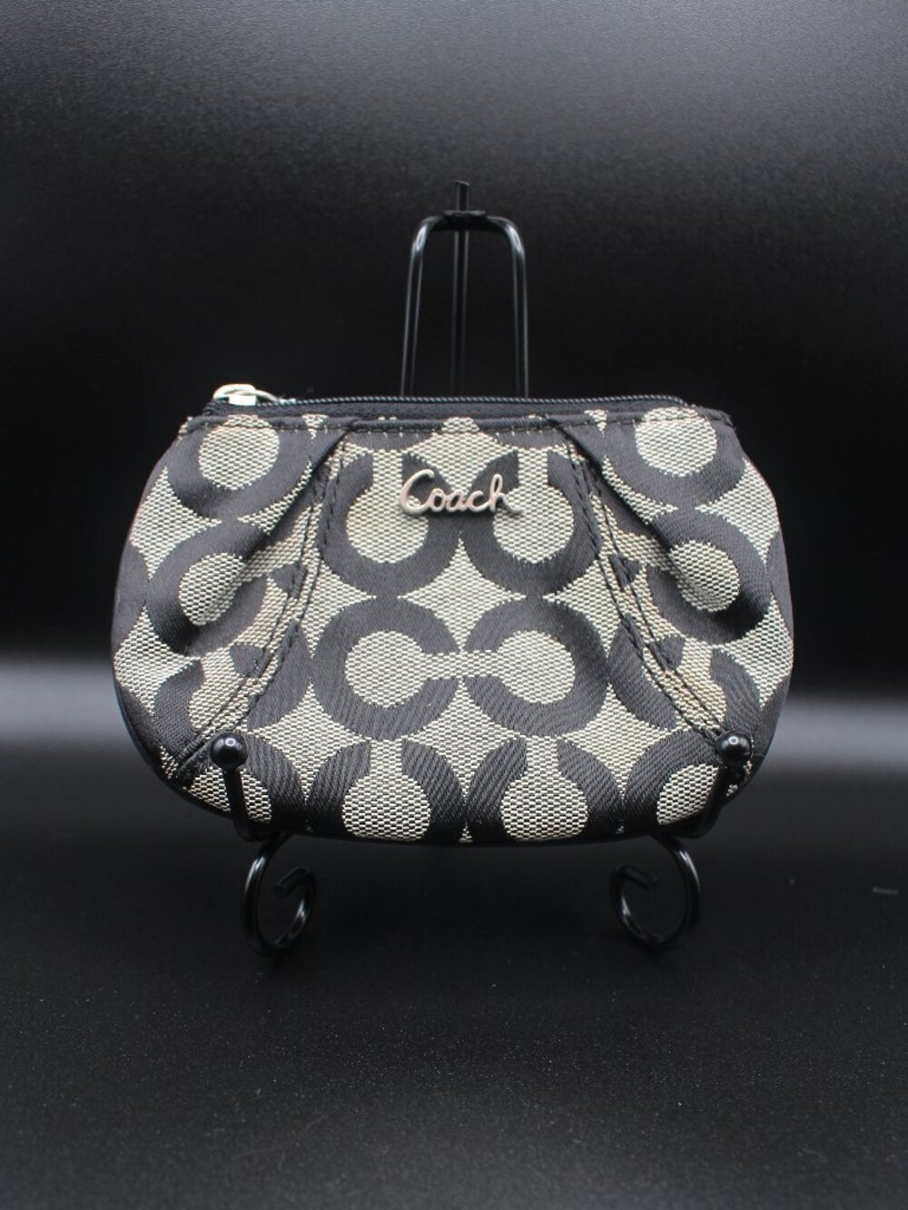 Coach Black Gray Signature C Pleated Zip Top Mini Pouch 070